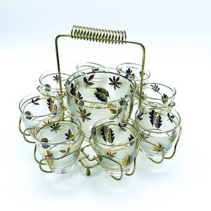 8 vasos vintage Libbey con motivo de hoja dorada esmerilada ~ Cristalería de cóctel retro - Artículos de bar - década de 1950 en un recipiente de alambre con cubitera a juego