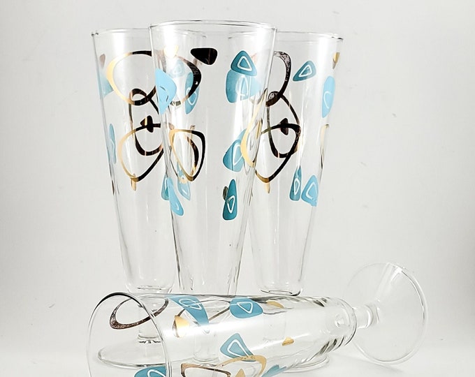 Mid Century Libbey Atomic Pattern in Aqua & 22 Kt Gold, 4 Pilsner Glasses