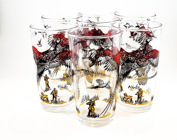 6 Gilt and Red Wild Bird with Hunters Hi Ball Whiskey Glasses Mid Century Barware
