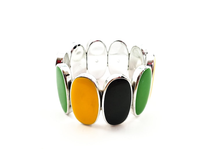 Super Pretty Elasticized Oval Tile Lucite Bracelet in Black, Yellow, Green and Gold