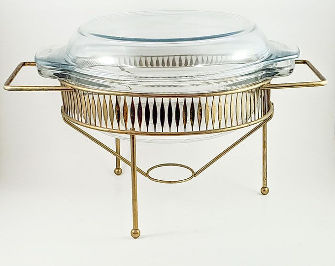 Mid Century Vintage Pyrex Chafing Dish/ Casserole With Brass Holder and