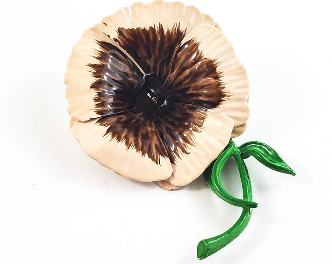 Lovely Brown Floral PANSY Brooch/Pin with tiny Yellow Stamen and Green Stem and Leaf