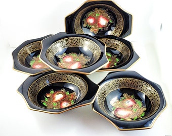 Set 6 Antique English 19C Porcelain Victorian Chrome Pottery Fruit Bowls Soho Pottery Cobridge, 6.5" A