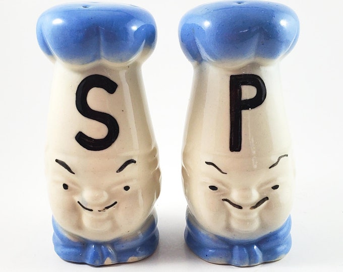 Vintage Tall Blue and White Chef Salt and Pepper Shakers