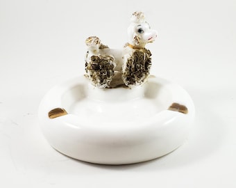 Adorable White and Gold Puppy Ceramic Ashtray/Trinket Dish with Gilded Fur, ears and Topknot and Baby Blue Eyes