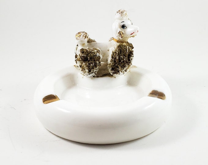 Adorable White and Gold Puppy Ceramic Ashtray/Trinket Dish with Gilded Fur, ears and Topknot and Baby Blue Eyes