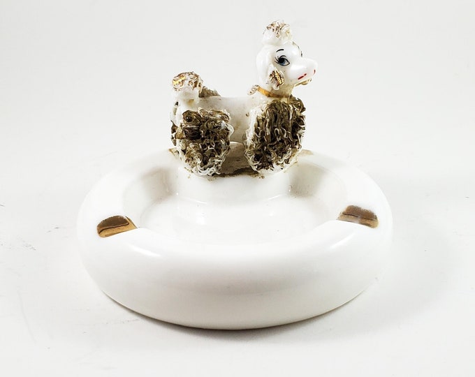 Adorable White and Gold Puppy Ceramic Ashtray/Trinket Dish with Gilded Fur, ears and Topknot and Baby Blue Eyes