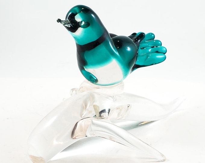 Handmade Vintage Art Glass Green Bird Figurine/Paperweight on the Back of a Dolphin or possibly whale.