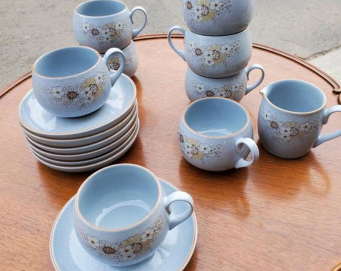 Gorgeous Denby 17 Piece Stoneware Powder Blue Speckled Cup and Saucer Set Marked Reflections.  7 Cups and Saucers, extra saucer and Creamer