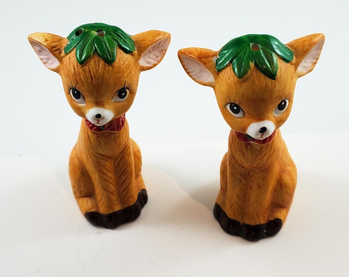 Darling Doe/Fawn Salt and Pepper Shakers with Red Neck ribbons and Green Leaf Head Toppers