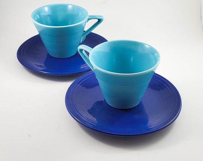 Fabulous Blue on Bluel Vintage Fiesta Ware Turquoise Blue Tea Cups with Indigo Saucers - Made by Homer Laughlin. x2