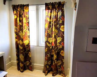 Art Deco Barkcloth Vintage Fabric Drape Curtain Panels, Autumn leaves