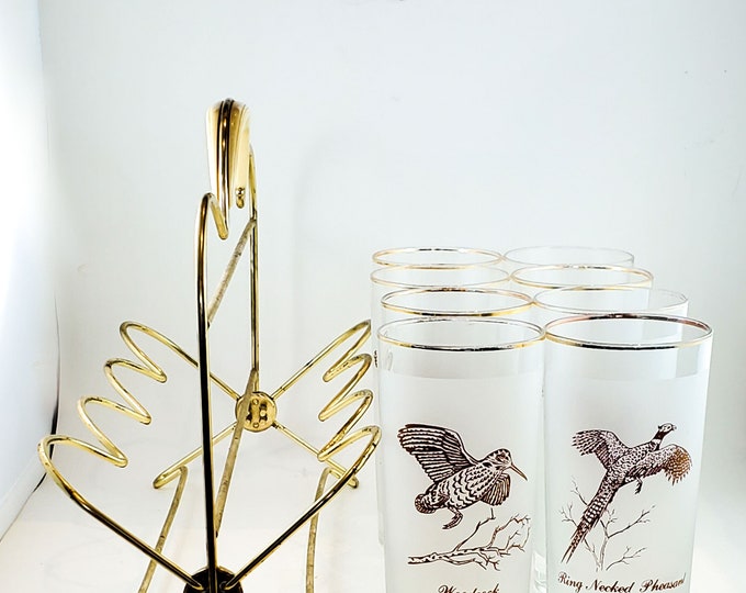 Set of 8 Frosted Vintage Game Bird Glasses with Gold Rims and Various Wild Game Birds on the  Glasses with caddy