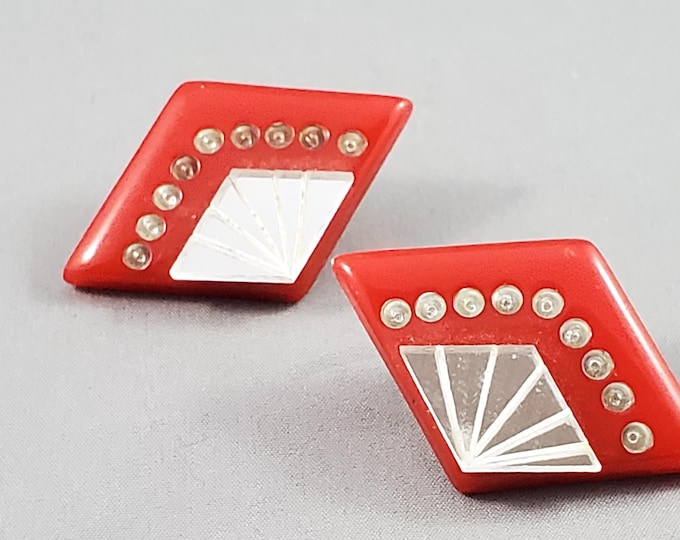 Fabulous Deco Vintage Red Acrylic Earrings with mirrored Accents and Rhinestoness 1.5"