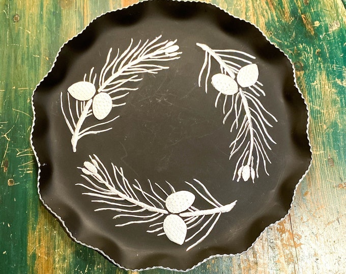 Black and Silver Round Tray with Pine cone motif and Silver Edging