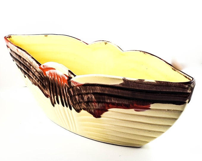 Beautifully Ribbed Enterprise Exclusive Buttery Yellow Planter with Hand Painted Brown and Red Drip Glaze