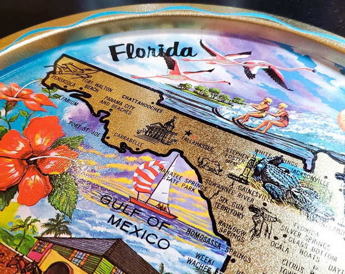 Vintage Florida Round Souvenir Metal Tray