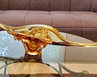 Amber Stretched Chalet Glass Basket, Murano Glass, Art Glass Basket