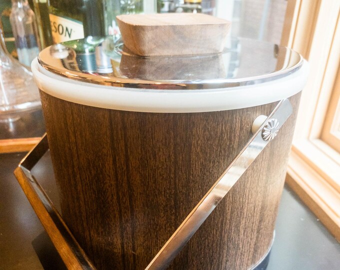 Fabulous Teak, Vinyl nd Chrome Ice Bucket with Teak Tongs