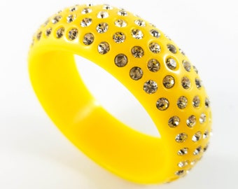 Stunning Yellow Acrylic Bangle Studded with 5 Rows of Rhinestones