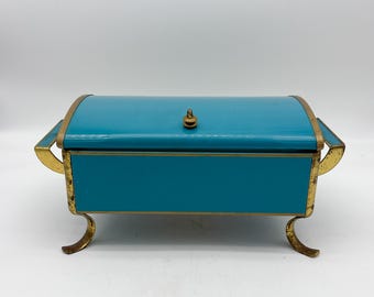 Rare Anchor Hocking  Fire King Chafing Casserole in Turqouise, Mid Century warmer with Glass Pyrex Dish, Buffet with Bottom Burners