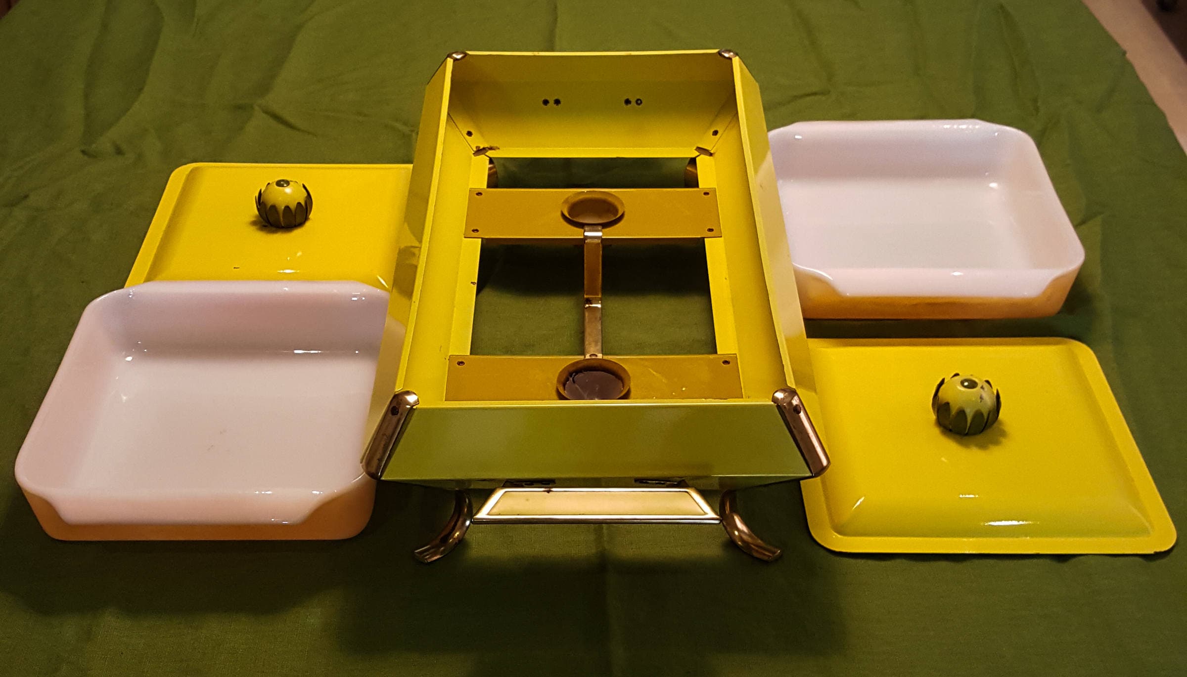 Mid Century Vintage FireKing Chafing Dish with 2 Glass Inserts in