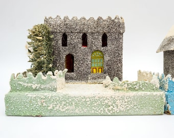 Vintage 1950s  Putz Houses Ideal Christmas Decoration - with Bottle Brush Trees x 3