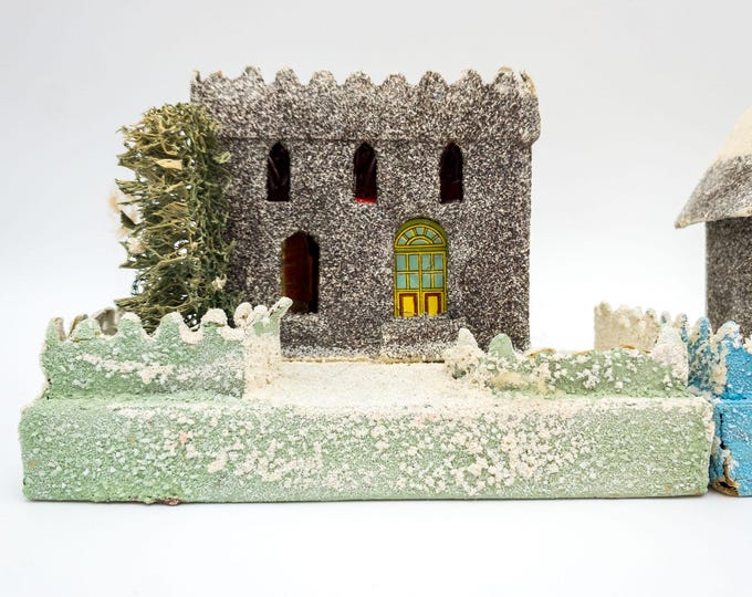 Vintage 1950s  Putz Houses Ideal Christmas Decoration - with Bottle Brush Trees x 3