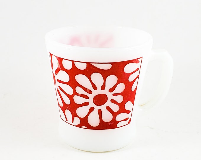 RARE Vintage RED Flower Power Milk Glass 8oz Mug Fire King by Anchor Hocking Glass c1950s,Vintage coffee mug/hippie/kitschy