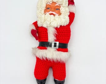 Vintage Handmade Stuffed Santa, Mid Century Christmas Decor, Knit Wool Suit
