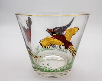 Set of 8 Frosted Vintage Game Bird Glasses with Gold Rims and Various Wild Game Birds on the  Glasses with caddy