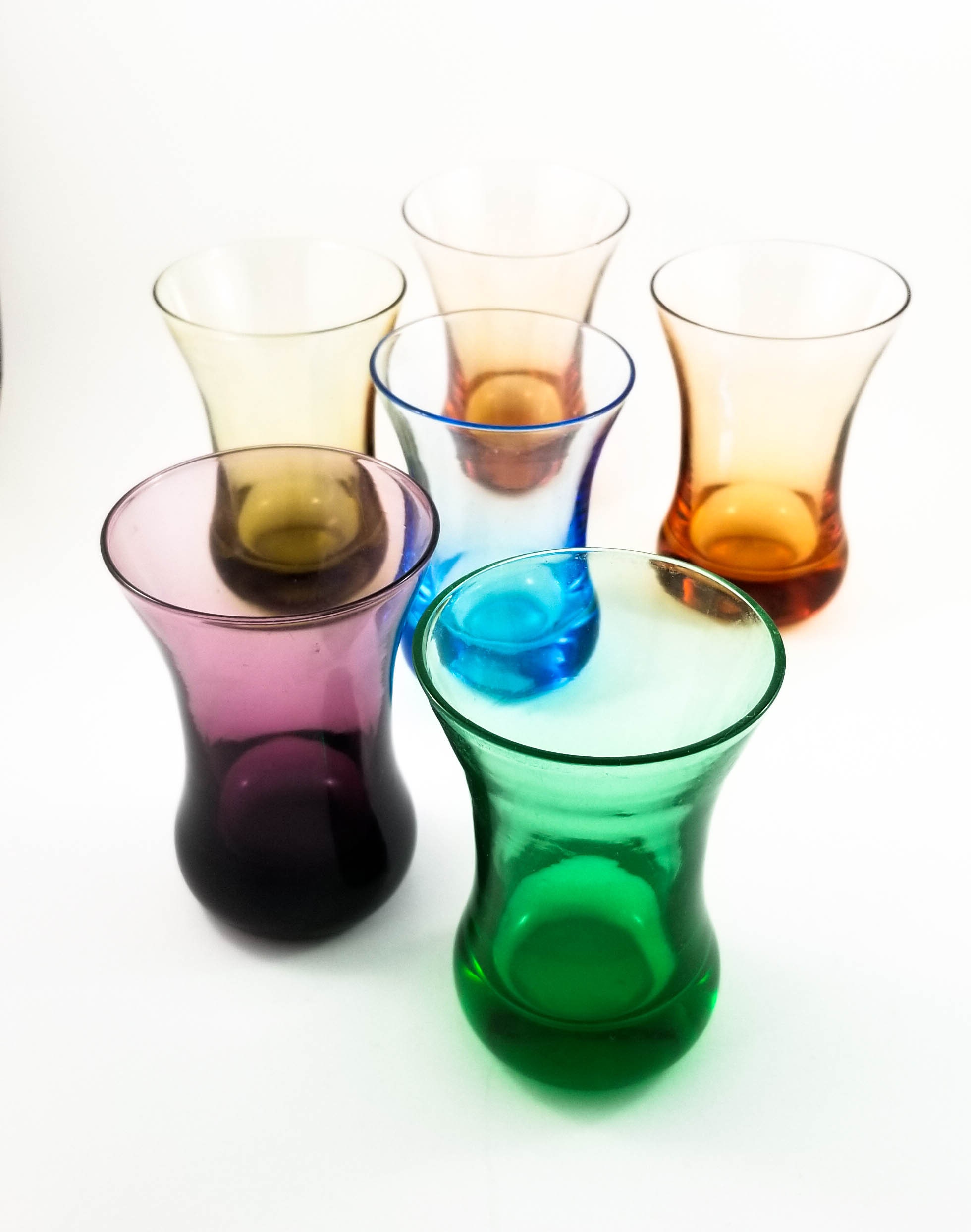 Mid Century multi colored Jewel Toned Flared rim Shot Glasses