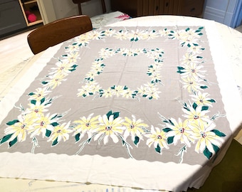 1950's Country Kitchen White Square Cotton Tablecloth with in a Gray Center Square with 2 squares of Yellow and Green florals