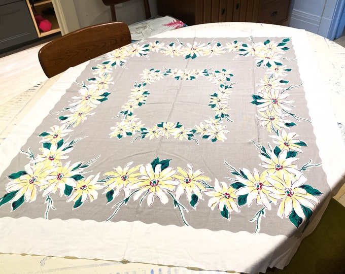 1950's Country Kitchen White Square Cotton Tablecloth with in a Gray Center Square with 2 squares of Yellow and Green florals