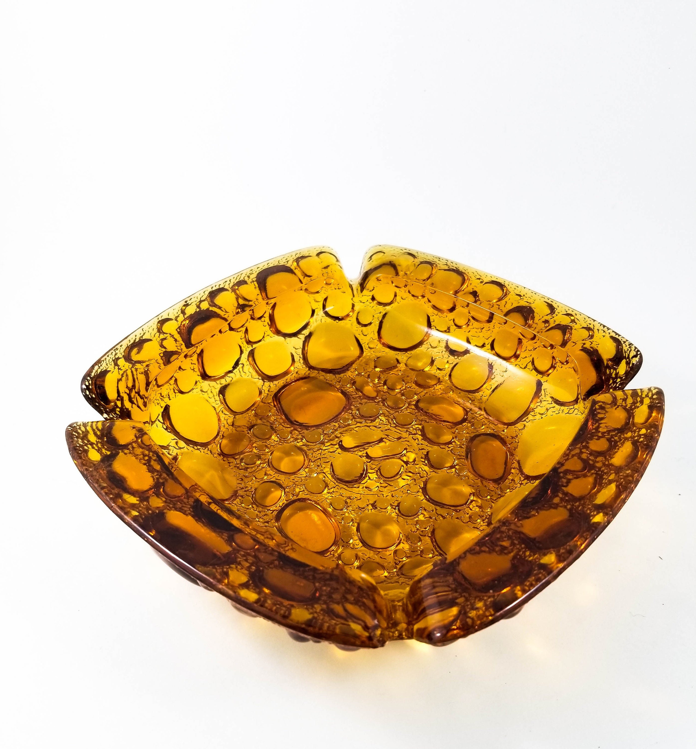 Fabulous Square Amber Bubble Glass Blenko Ashtray/Trinket Dish Large