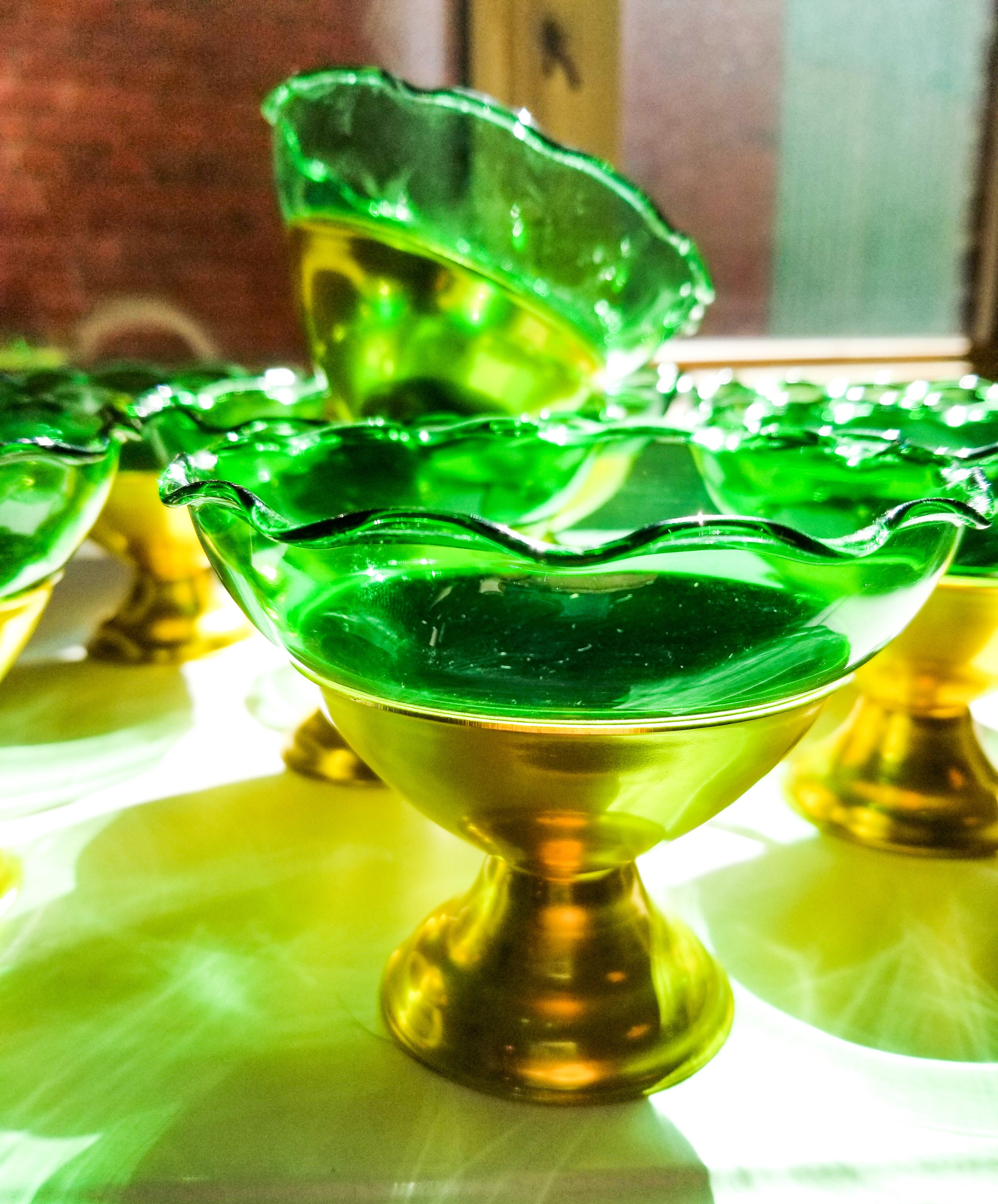 8 Gold Anodized Aluminum Sherbet Ice Cream Cups with 8 Emerald Glass