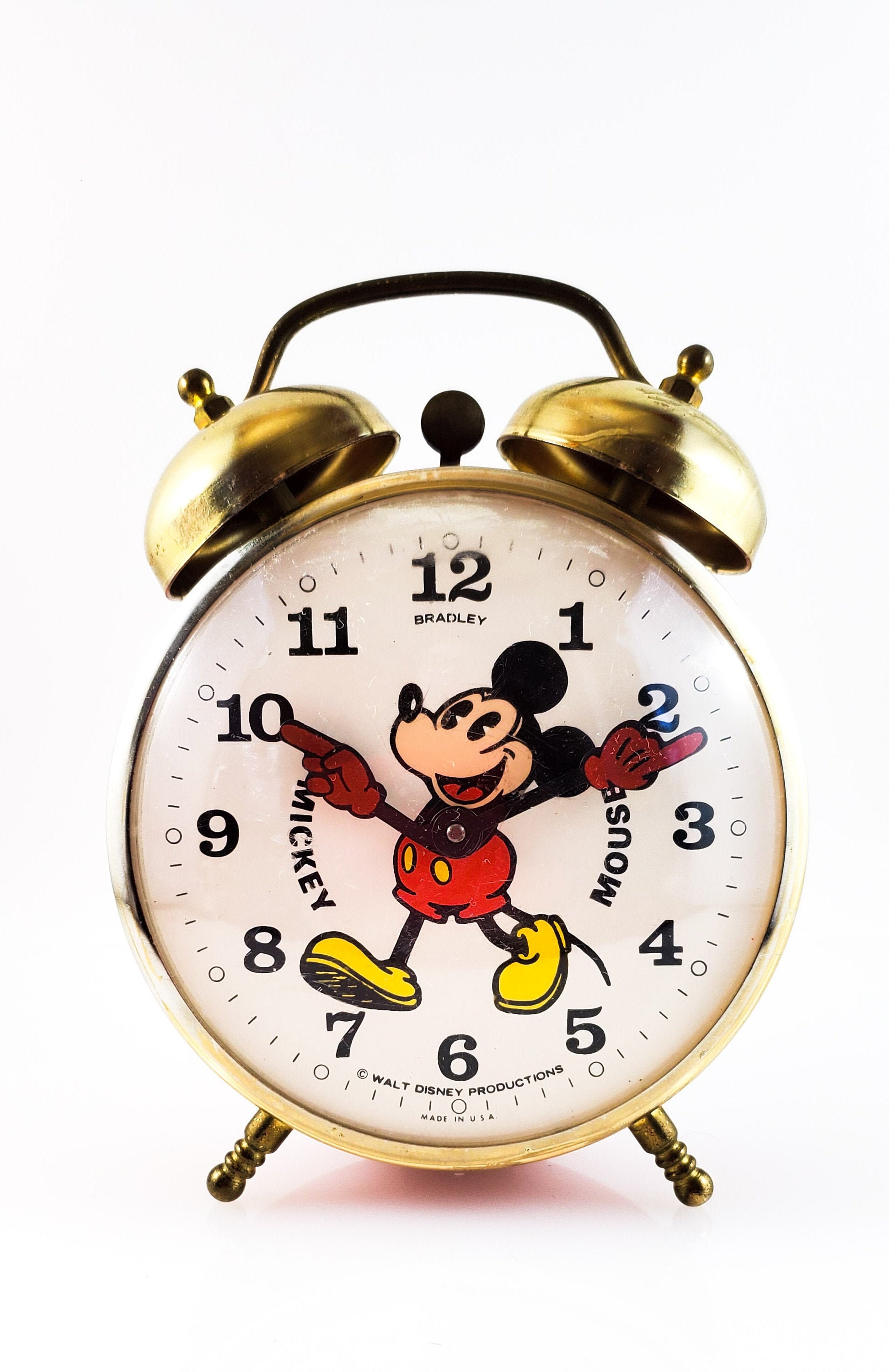 Vintage collectible Twin Bell Footed Bradley Mickey Mouse Wind Up Alarm