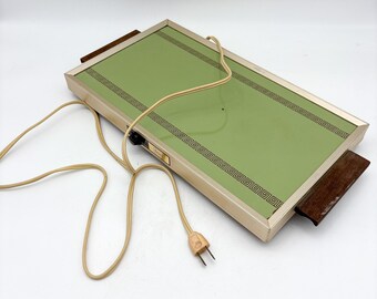 Fabulous Functional 1960's Warming Tray with cord and controls in Green with Helenic border in Gold from Sears with Wood Handles