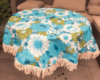 1950's Floral Round Table cloth in Blues and Greens with Thick Fringe and hole for patio Umbrella