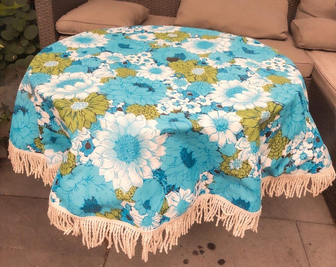 1950's Floral Round Table cloth in Blues and Greens with Thick Fringe and hole for patio Umbrella