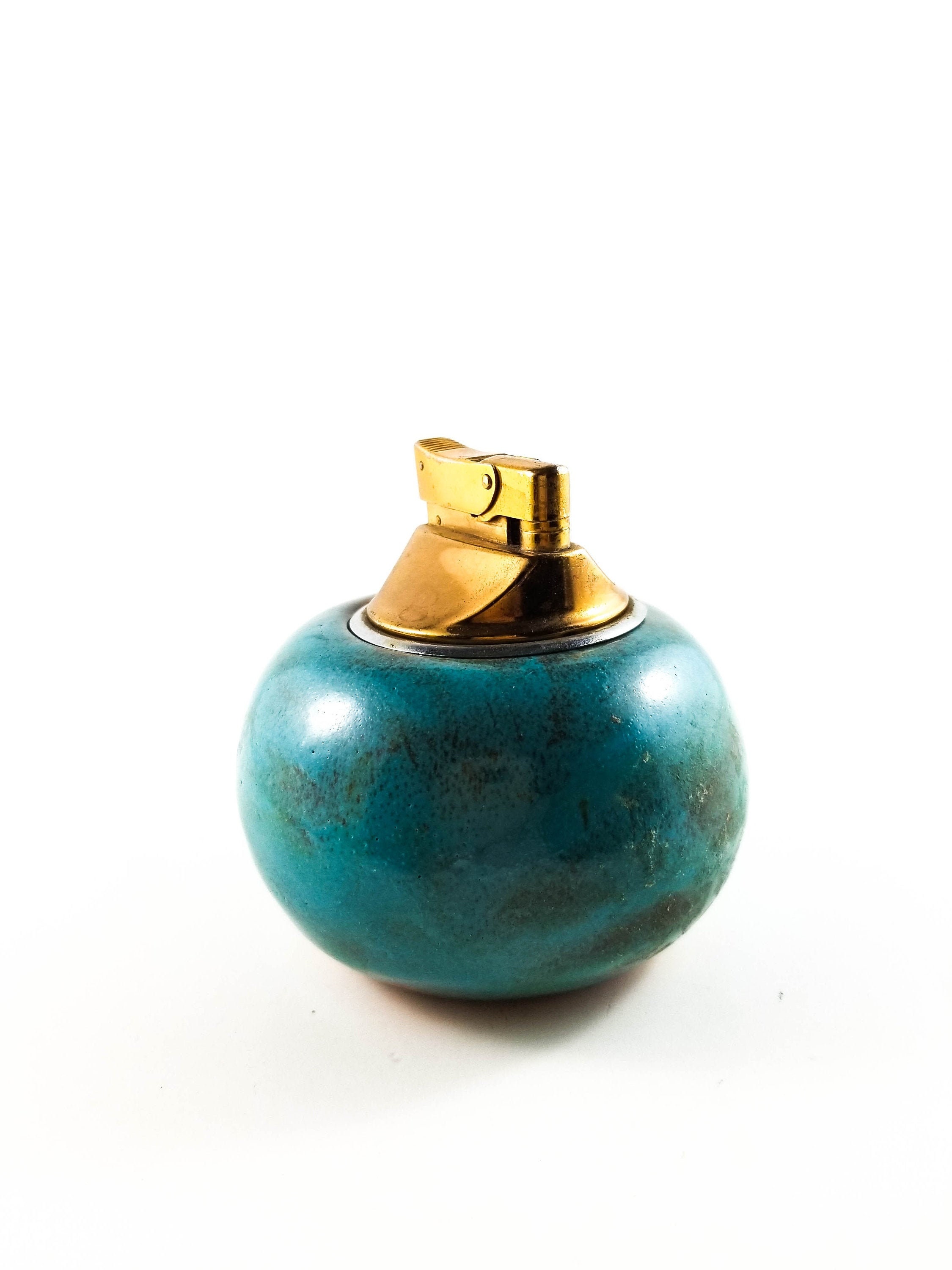 Beautiful Round Ceramic and Brass Vintage Lighter