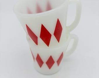 RARE Vintage RED Diamond / Harlequin Milk Glass 8oz Mug Fire King by Anchor Hocking Glass c1950s x 2