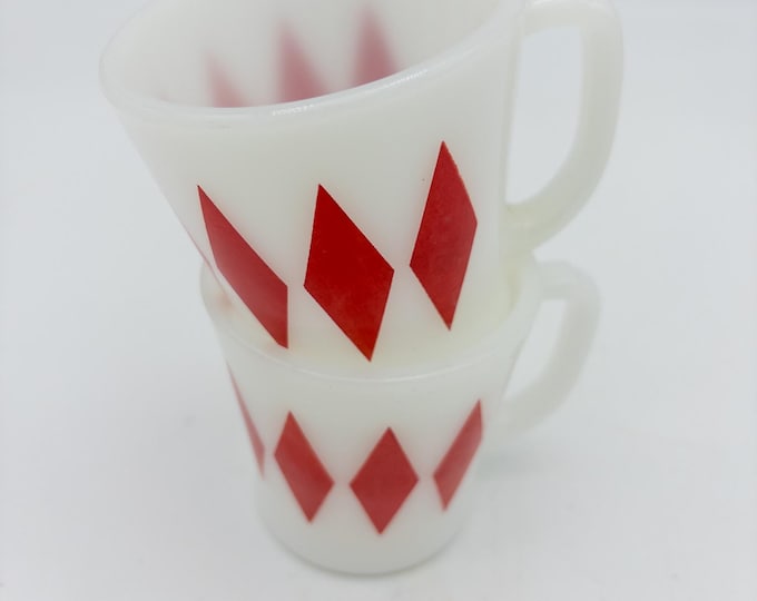 RARE Vintage RED Diamond / Harlequin Milk Glass 8oz Mug Fire King by Anchor Hocking Glass c1950s x 2