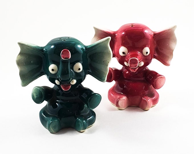 Vintage Little Elephant Salt and Pepper Shakers in Burgundy and Teal