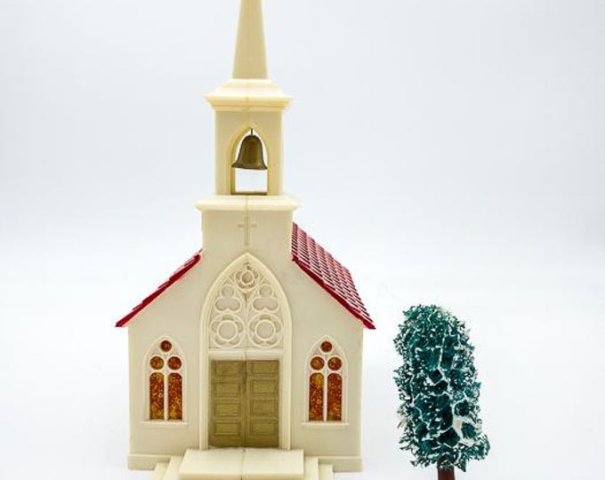 Vintage 1950s  ‘Littletown’ Illuminated Church Model – Ideal Christmas Decoration - with Bottle Brush Tree