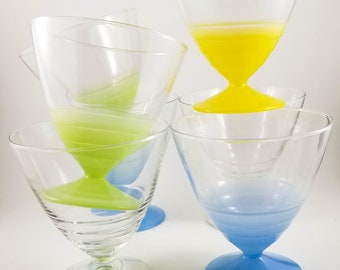 7 Gorgeous Multicoloured French ARC Glass Sherbet, Ice Cream, Mousse, Pudding Cups with pedestal base