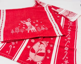 1950's Xmas Cotton Cloth/Tea Towel with Reindeer, Snowflakes and Trees, Made by Sur La Table