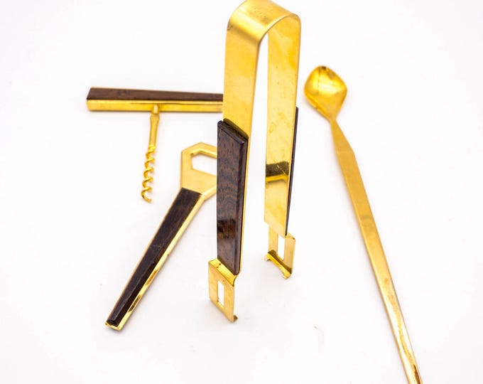 Fabulous 4 piece Bar Tools Set in Wood and Gold Metal