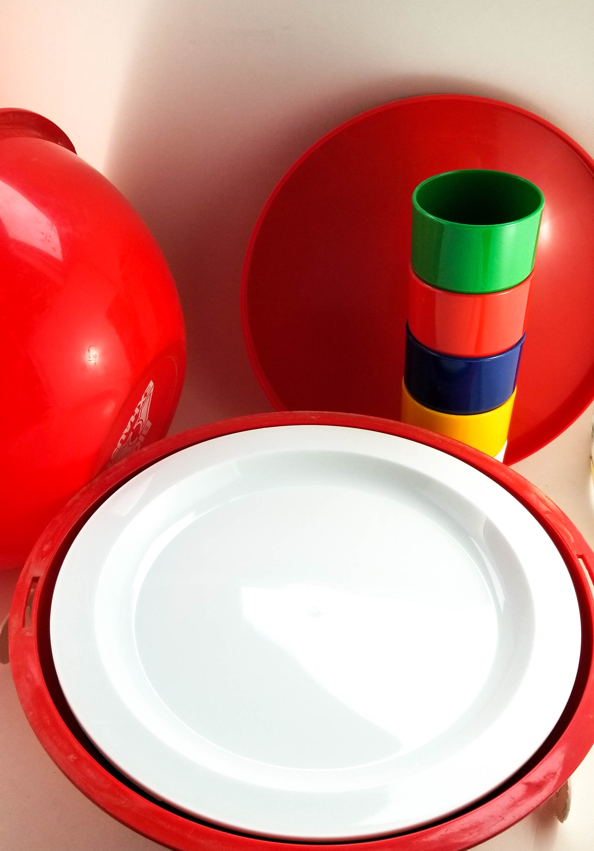 30 Piece MultiColored Plastic Picnic Set All Packaged Up in a Red