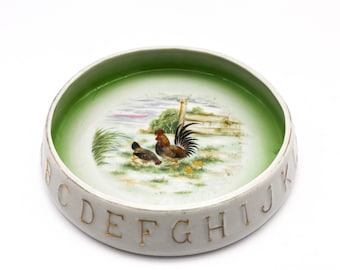 Vintage Ceramic Childs Bowl with Handpainted Chickens and Gold Alphabet around the Rim